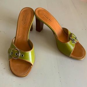 Coach “Daryn” Leather Slide on Sandal Heels with Buckle Detail
